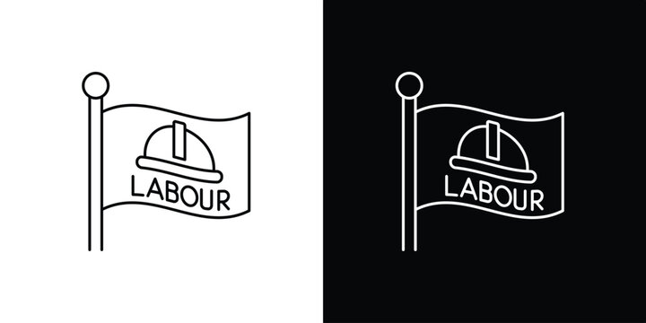 Flag with hard hat and text labor icon illustration on white and black backgrounds