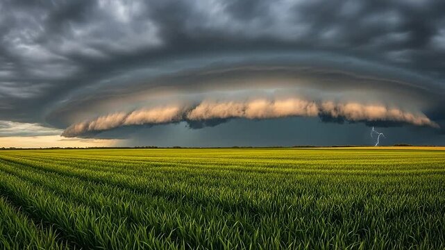 Dramatic storm clouds gather over a vast field of green crops under a darkening sky