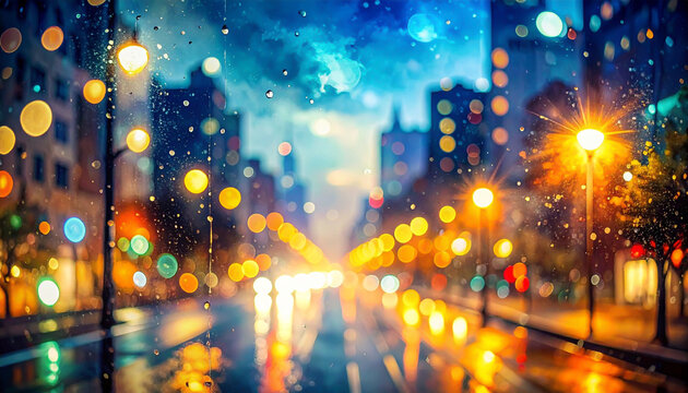 Rainy city street with colorful bokeh lights at night