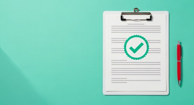 A clipboard with a checklist and a red pen on a green background