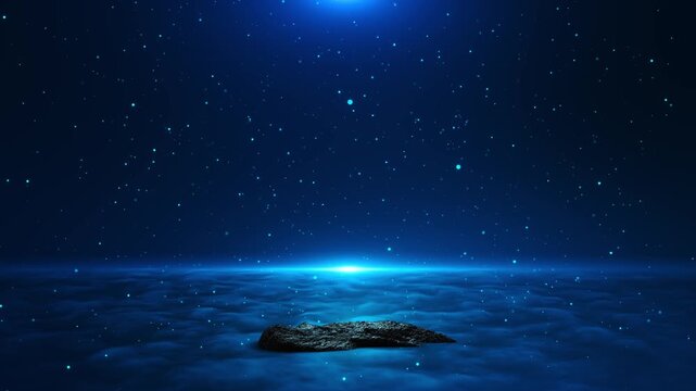 Blue Night Sky Horizon Above Clouds Cosmic Light Scene Deep blue night sky above soft cloud light calm cosmic atmosphere. space background, meditation visuals, dream , futuristic scenes, relaxation