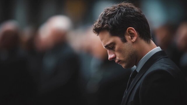 Man in black suit with his head down during funeral service with blurred background