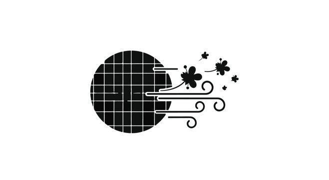 Grid sphere appears to be dissolving into a series of abstract wind lines and floating flower petals to represent digital erosion.