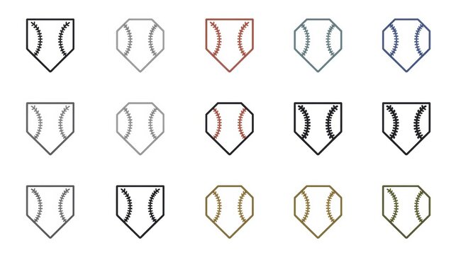 A collection of fifteen baseball home plate icons with different stitching styles and line weights. isolated on white background