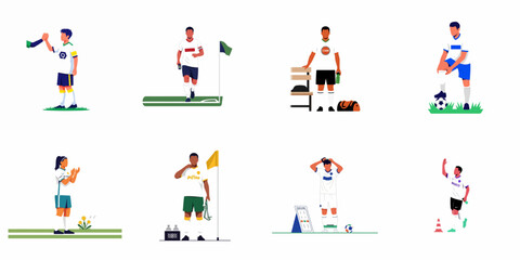 Collection of flat vector illustrations featuring diverse soccer players in various poses and scenarios, including training, match moments, and locker room scenes. © Nadya
