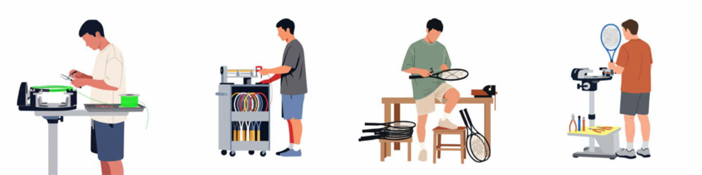 Flat vector illustration set of professional men stringing and repairing tennis and squash rackets using specialized equipment and machines.