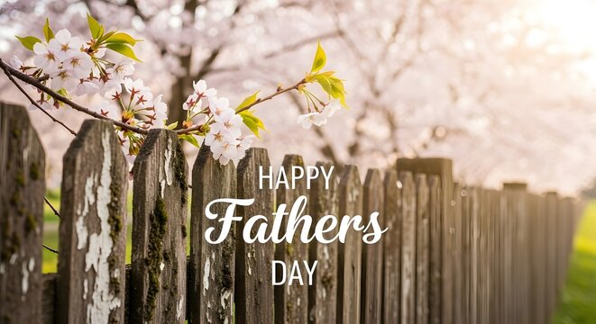 Happy Fathers Day greeting with blooming tree and wooden fence