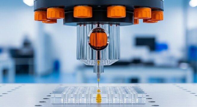 A laboratory pipetting robot precisely dispenses a yellow liquid into a microplate in a modern lab setting.