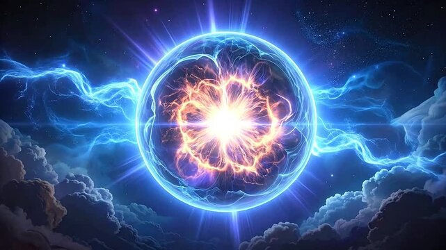 An abstract illustration of a glowing energy sphere in a cosmic, celestial environment