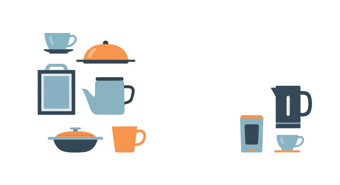 A collection of flat-style kitchenware icons featuring cups, a teapot, a pan, and a kettle in a blue and orange color scheme on a white background.