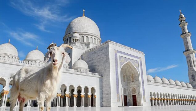 A white goat stands in front of a grand white mosque with intricate architectural details under a clear blue sky.