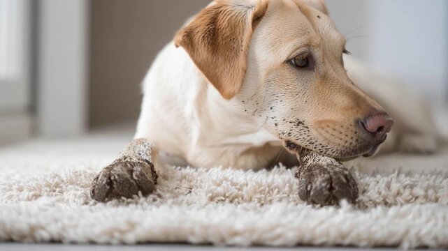 Labrador Retriever with muddy paws on clean white rug. Slow motion.