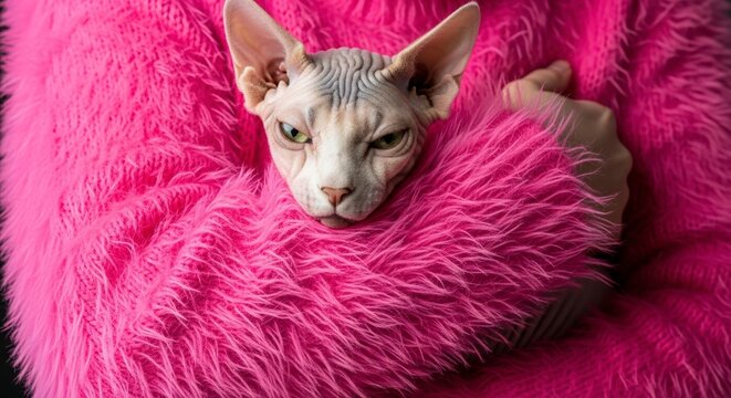Cute hairless cat in pink blanket.