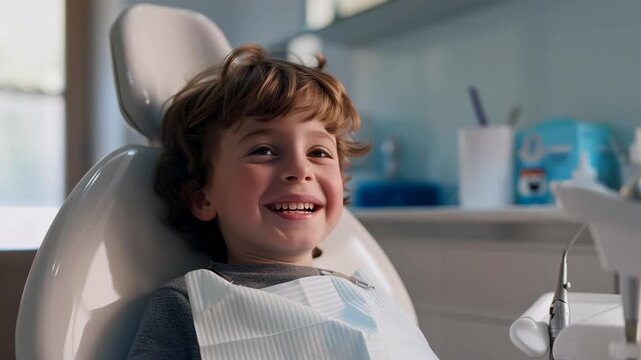 boy in dental chair smiling and relieved, bib in place, bright clinic light, instruments idle on tray, pediatric patient enjoying calm moment after oral exam and hygiene appointment