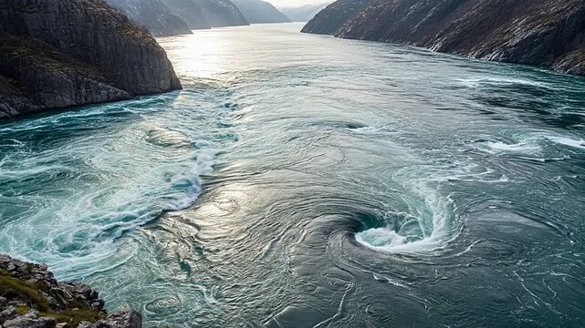 A scenic view of a river with swirling water and rocky cliffs on both sides of it