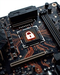 Fototapeta premium A close-up of a computer motherboard with a lock on it isolated on white background