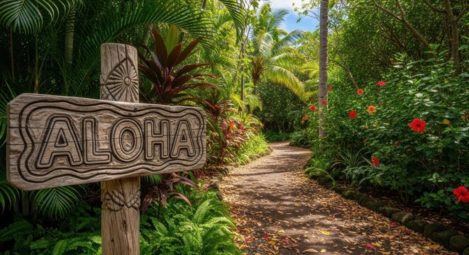 Aloha Sign Welcoming Visitors to Tropical Paradise Pathway.
