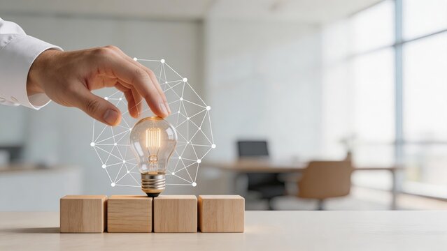 Business man hand holding glowing light bulb with artificial intelligence network innovation concept new technology idea digital transformation business strategy creative thinking