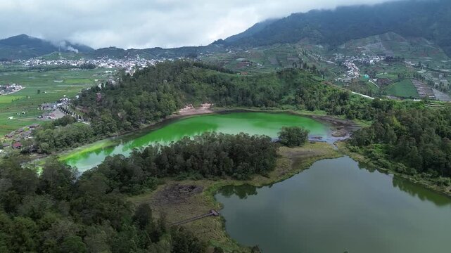 Aerial View of Telaga Warna Green Lake in Dieng Plateau Indonesia