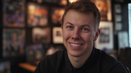 Obraz premium Handsome man smiling indoors in front of art displays, a portrait of joy and contentment