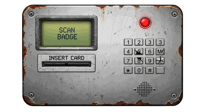 Retro security scanner panel with keypad and card slot.