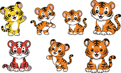 Cute Cartoon Baby Tiger Cub Character Set with Colorful Orange Yellow and Red Striped Wild Cats for Kids, Stickers, and Animal Designs © Sanjida