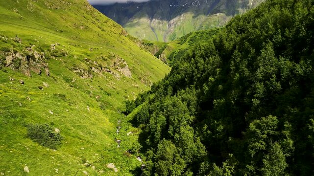 Epic Gergeti canyon mountain river valley aerial flight. 
Cinematic drone forward tracking shot inside deep gorge 
along wild stream near Kazbegi historic church in Georgia.
