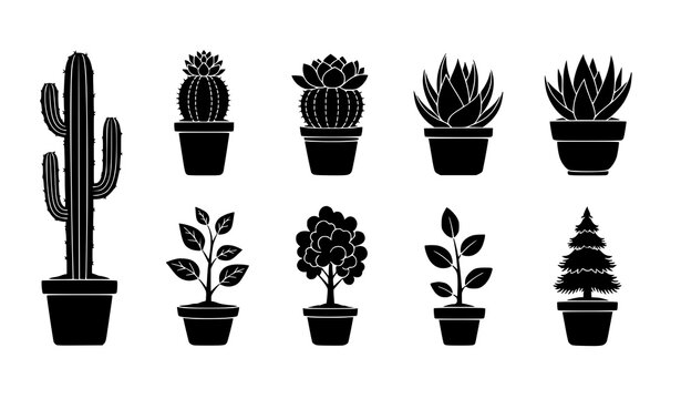 Minimal potted plant silhouette icon set simple houseplant and sapling vector illustration isolated on white background