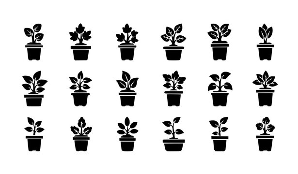 Potted plant silhouette icon set houseplants and saplings in pots vector illustration isolated on white background