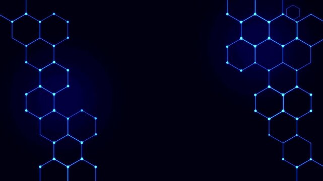 Blue tech network hexagons expand from the corners on a dark navy blue background.