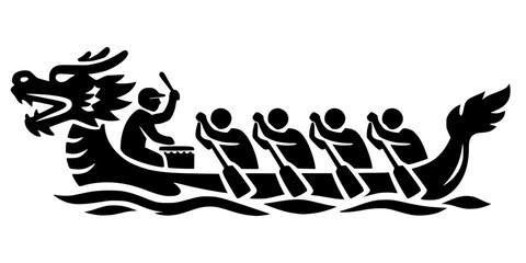 Dynamic black silhouette of a traditional dragon boat with a team of rowers and a drummer. High-contrast vector illustration capturing the energy of a water festival or competitive racing event © Suriya