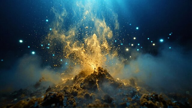 Underwater volcanic eruption with glowing particles and bioluminescent light