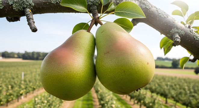 Two Ripe Pears Hanging on Tree Branch in Orchard