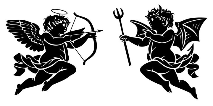 Contrasting black silhouettes of a winged angel with a bow and arrow and a horned devil with a pitchfork. Creative vector illustration exploring themes of good and evil, temptation, and mythology