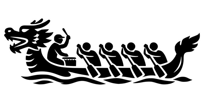 Dynamic black silhouette of a traditional dragon boat with a team of rowers and a drummer. High-contrast vector illustration capturing the energy of a water festival or competitive racing event