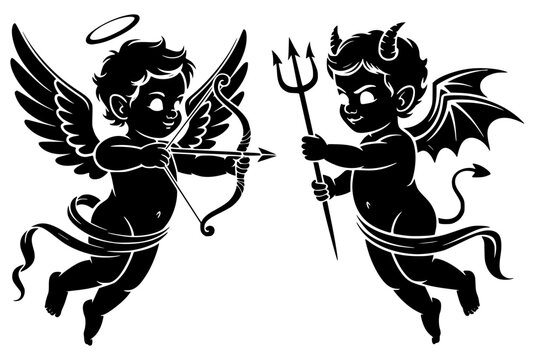 Cute baby angel cupid with bow and arrow facing little devil demon with trident and horns, good vs evil cherub pair, bold black silhouette illustration isolated on background