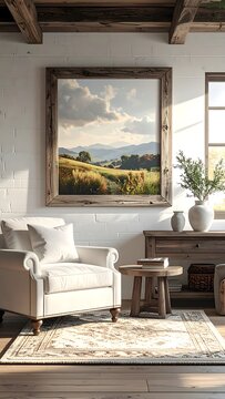 A serene living room with a painting, sofa, and wooden furniture