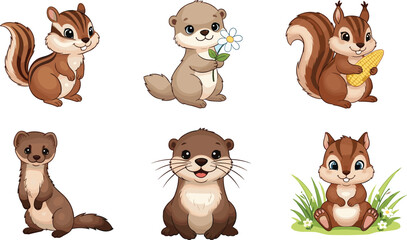 Naklejka premium Cute Woodland Animal Character Set Featuring Chipmunk Squirrel and Otter with Adorable Expressions for Kids Nature Illustration and Cartoon Vector Collection