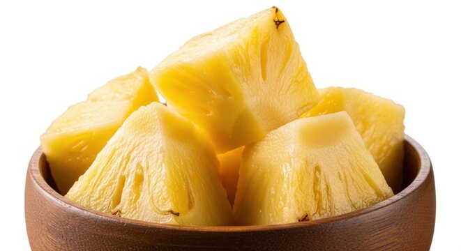 Fresh pineapple chunks piled high in rustic wooden bowl isolated on clean white backdrop.