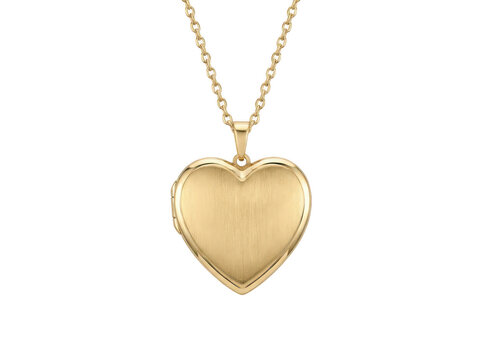 Elegant gold heart-shaped locket necklace featuring a brushed metal texture hanging gracefully from a delicate golden chain isolated transparent background image