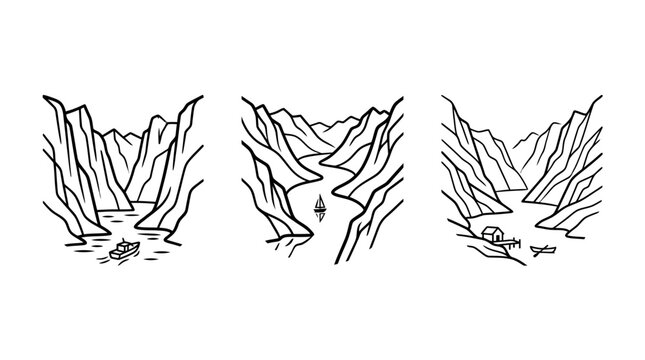 Three Vector Scenes Of Mountain Gorge And River