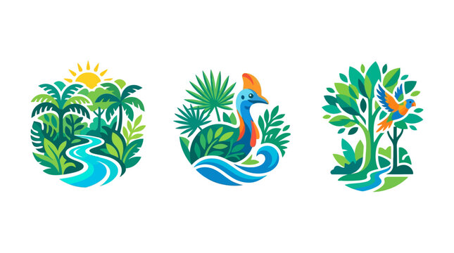 Tropical Nature Logos with Landscape and Wildlife Motifs