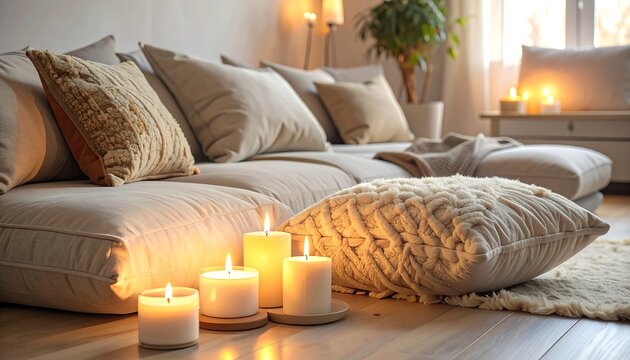 A serene living room with lit candles and plush pillows