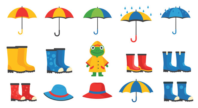 Large collection of rainy day icons includes colorful umbrellas, rubber boots, hats, and a cute frog wearing a bright yellow raincoat.