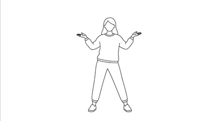Fototapeta premium Simple black and white line art illustration of a woman standing with her arms wide open in a welcoming or questioning pose on a white background.