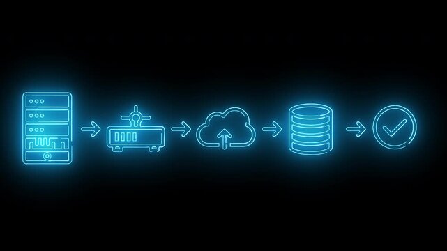 Glowing blue icons depicting a data transfer process from a smartphone to a verified database through a cloud storage system on a dark background.