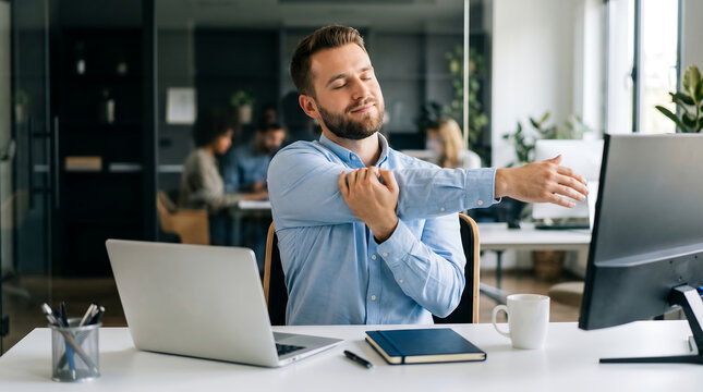 young male office employee stretching arms and shoulders while sitting at desk with laptop and computer monitor taking a healthy break for physical wellness and stress relief
