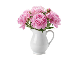 Fototapeta premium Elegant pink peony bouquet with petals and green leaves arranged in a vintage white ceramic pitcher vase, perfect for spring decoration, isolated transparent background image