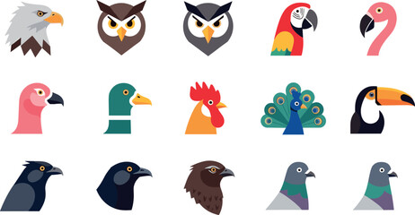 Obraz premium Flat bird head icon set featuring eagle owl parrot flamingo duck rooster peacock toucan vector collection for wildlife design