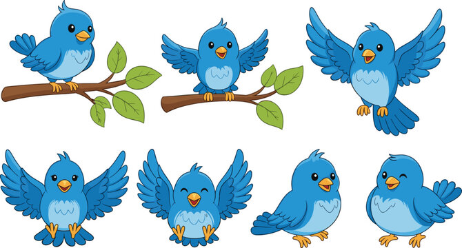 Cute blue bird cartoon vector set with flying and sitting poses, adorable songbird characters on branch for kids stickers and nature designs